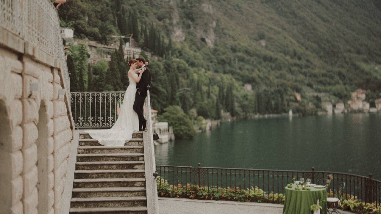 Wedding couple overlooking Lake Como